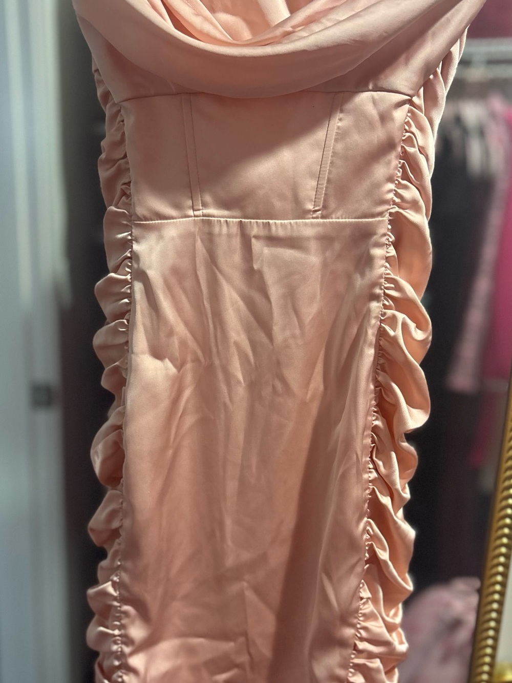 Oh Polly Blush Pink Satin Mini Dress with Ruffle Sides
